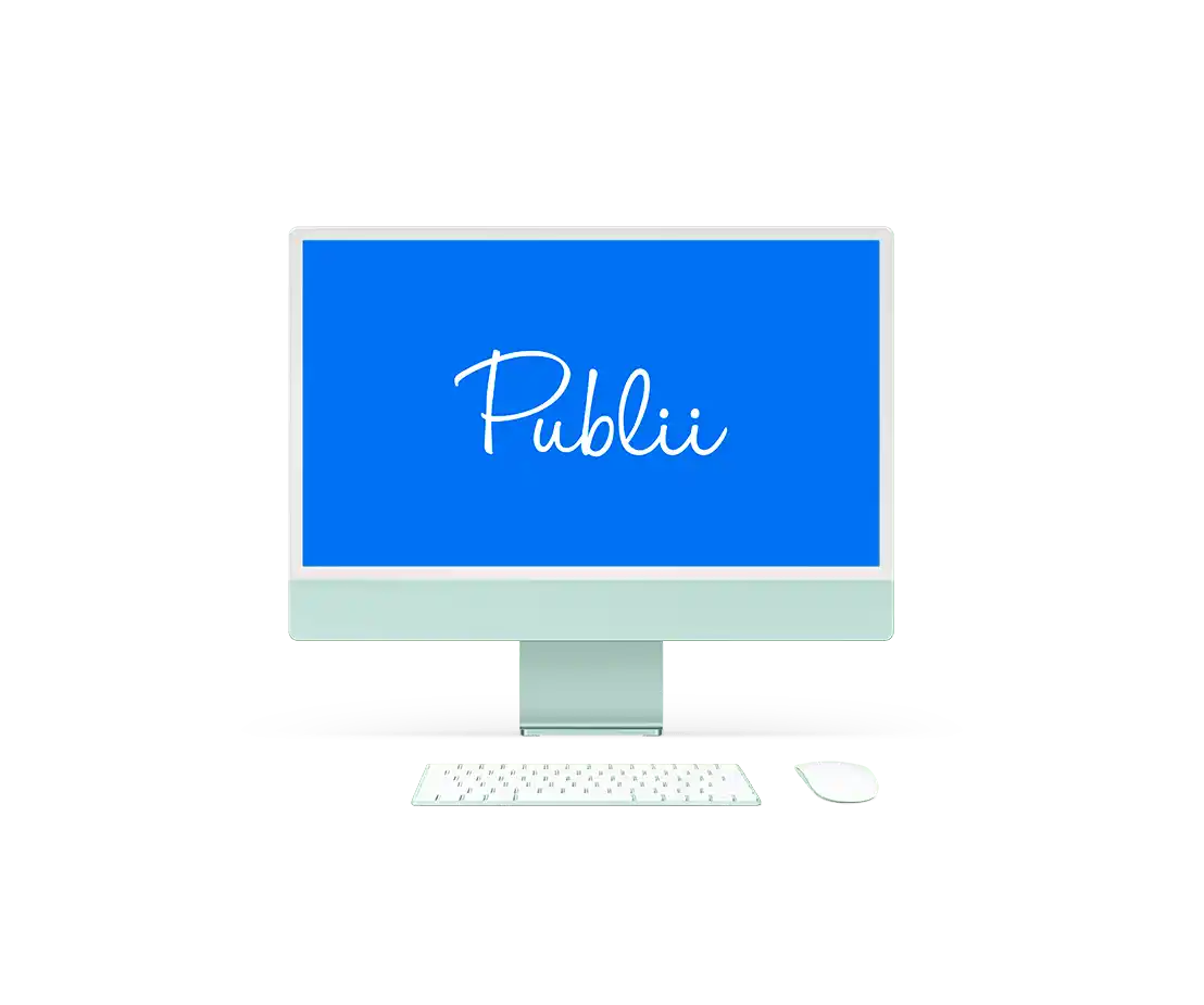 A computer monitor displaying the Publii logo, showcasing digital project management tools by Mike Walsh in Villarrica, Chile.