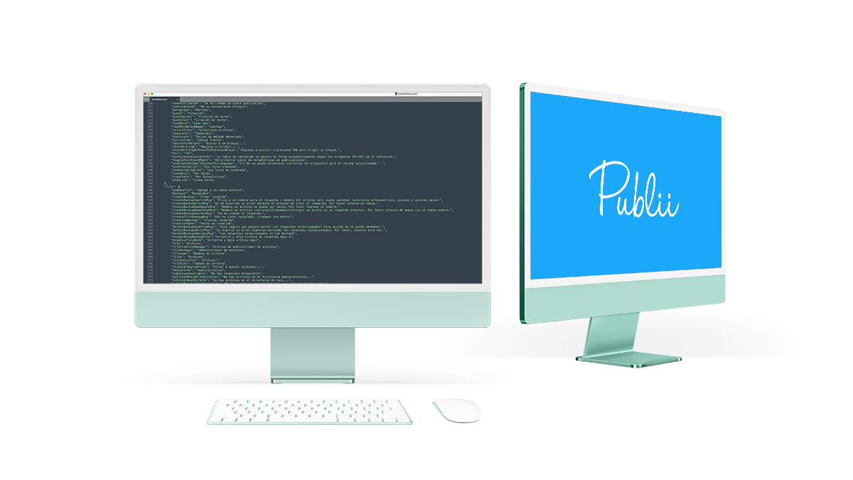 Two iMac screens with coding and Publii logo.