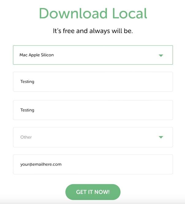 LocalWP download screen requesting basic info