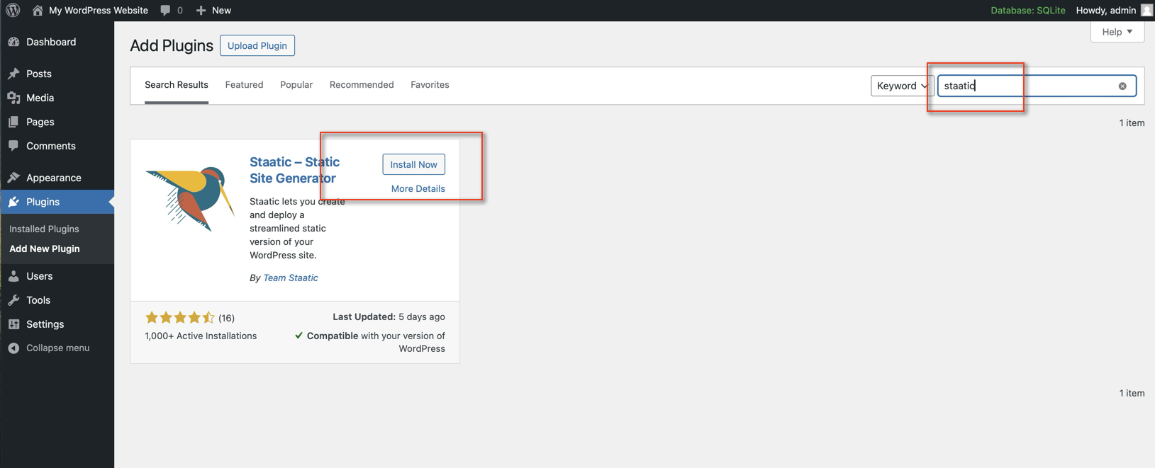 Screenshot showing how to install Staatic Static Site WordPress Plugin