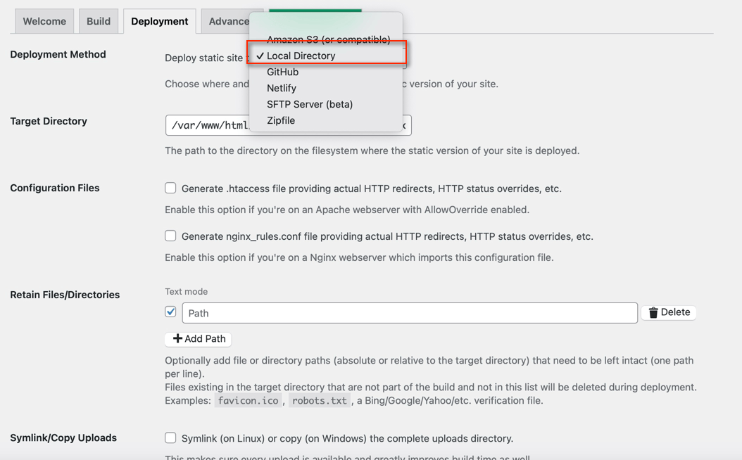 Staatic Site plugin Deployment location options.