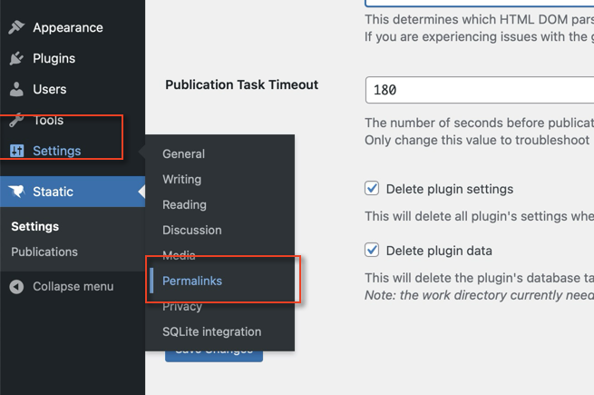 WordPress admin screen showing location of Permalinks