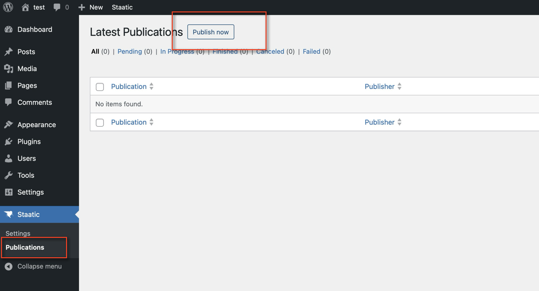 Publishing screen in the Staatic WP plugin.