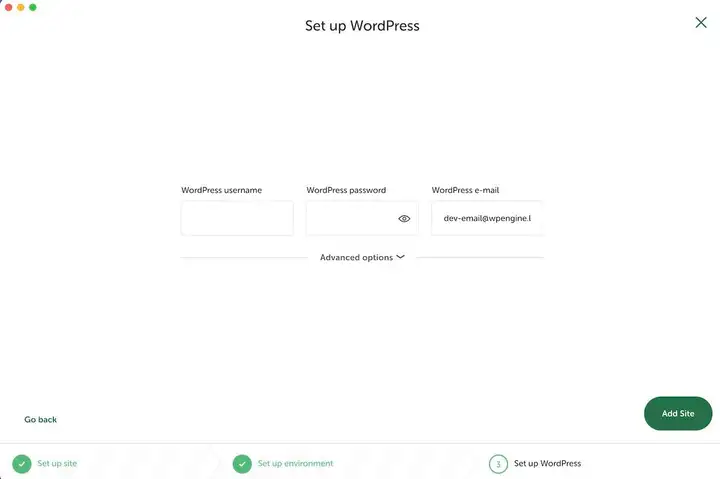 LocalWP screen asking to set up WordPress credentials